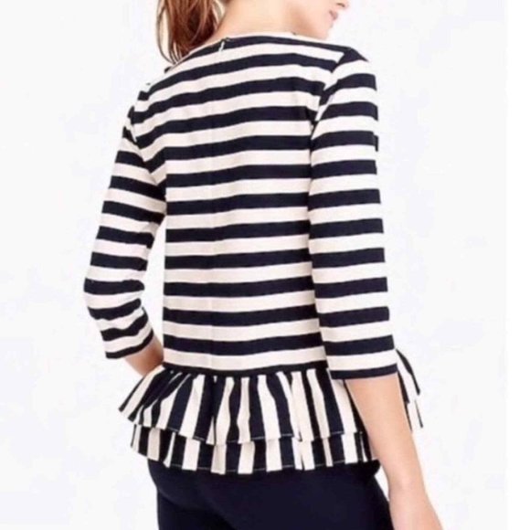 J. Crew Navy White Striped Ruffle 3/4 Sleeve Peplum Shirt Top Medium Black M Shi - Picture 2 of 5